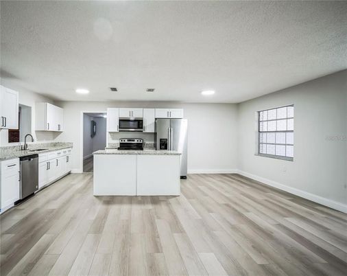 Interior, Kitchen, Recessed Lighting, Stainless Steel Appliances, Wood Texture Flooring