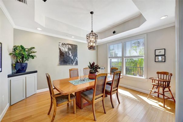 Dining room, Interior, Pendant Lights, Recessed Lighting, Wood Texture Flooring