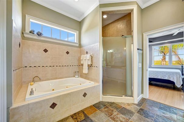 Bathroom, Glass Shower, Interior, Recessed Lighting, Wood Texture Flooring