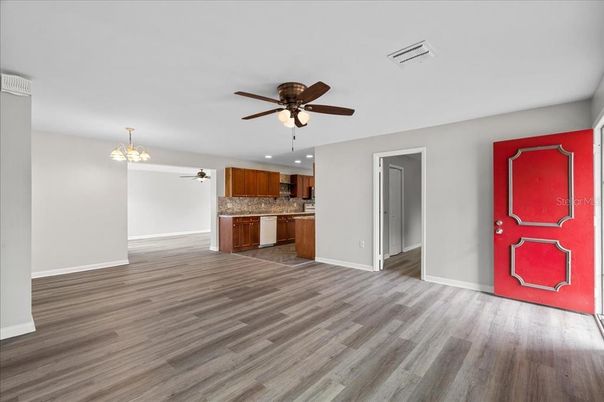 Chandelier, Empty room, Interior, Kitchen, Recessed Lighting, Wood Texture Flooring