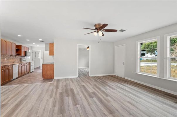Empty room, Interior, Kitchen, Recessed Lighting, Wood Texture Flooring
