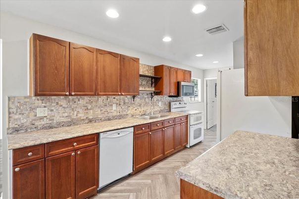 Interior, Kitchen, Recessed Lighting, Wood Texture Flooring