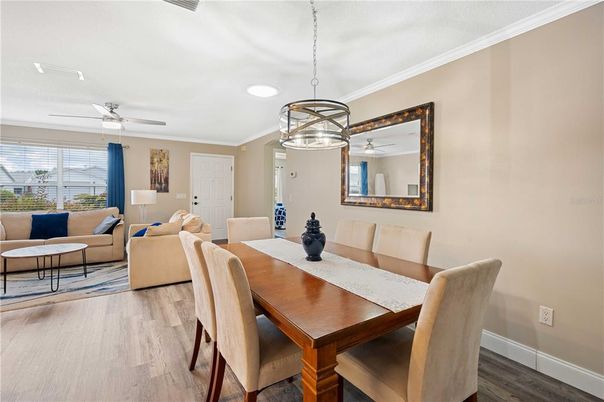 Dining room, Interior, Living room, Pendant Lights, Recessed Lighting, Wood Texture Flooring