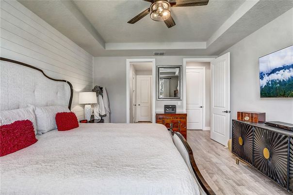 Bathroom, Bedroom, Dual Sink Vanities, Glass Shower, Interior, Wood Texture Flooring