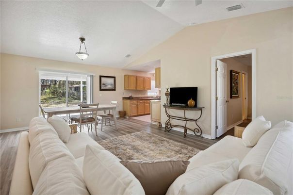 Dining room, Interior, Living room, Pendant Lights, Wood Texture Flooring
