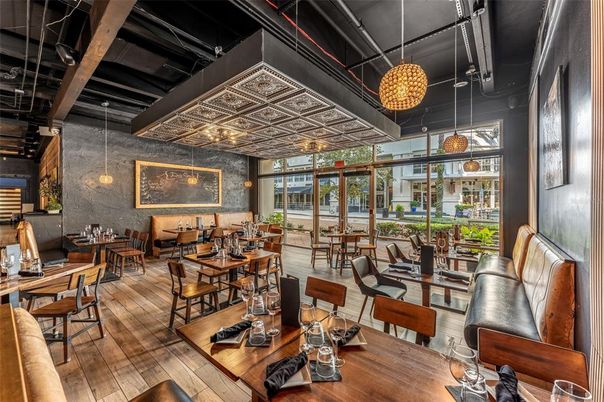 Dining room, Interior, Pendant Lights, Wood Texture Flooring