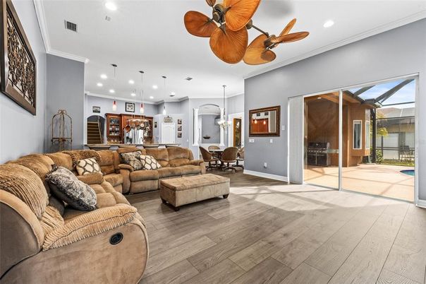 Dining room, Interior, Kitchen, Living room, Pendant Lights, Recessed Lighting, Stainless Steel Appliances, Wood Texture Flooring