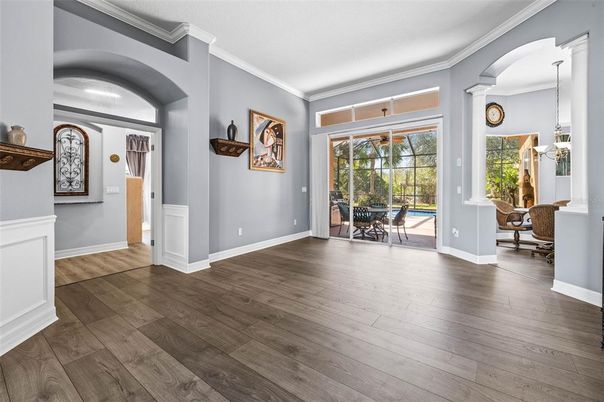 Dining room, Interior, Pendant Lights, Wood Texture Flooring