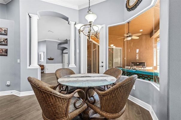 Dining room, Interior, Pendant Lights, Recessed Lighting, Wood Texture Flooring