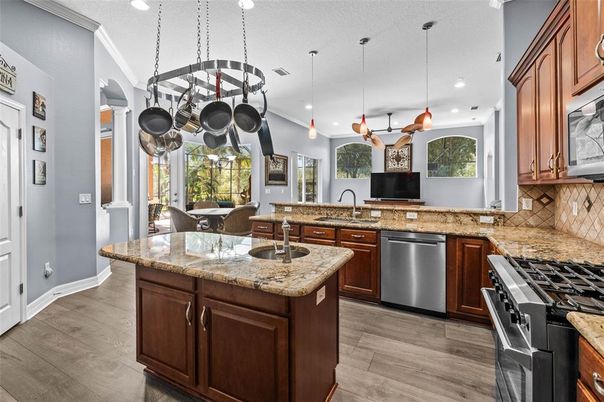 Interior, Kitchen, Pendant Lights, Recessed Lighting, Stainless Steel Appliances, Wood Texture Flooring