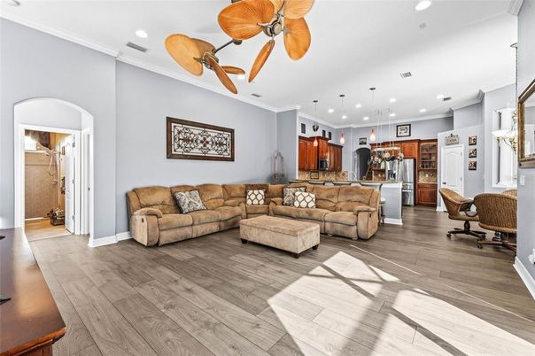 Interior, Kitchen, Living room, Pendant Lights, Recessed Lighting, Stainless Steel Appliances, Wood Texture Flooring