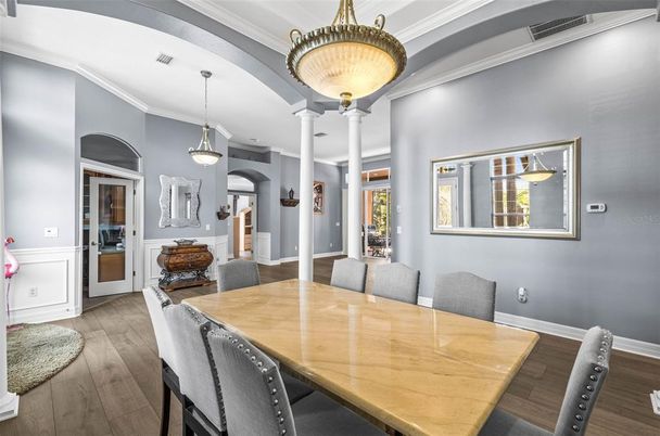 Dining room, Interior, Pendant Lights, Wood Texture Flooring