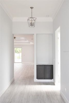 Empty room, Interior, Pendant Lights, Recessed Lighting, Wood Texture Flooring