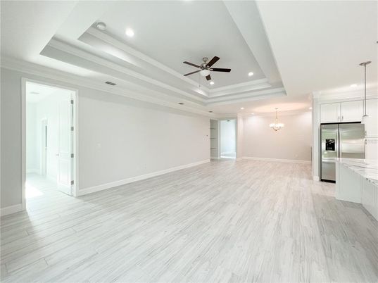 Chandelier, Interior, Kitchen, Pendant Lights, Recessed Lighting, Stainless Steel Appliances, Wood Texture Flooring