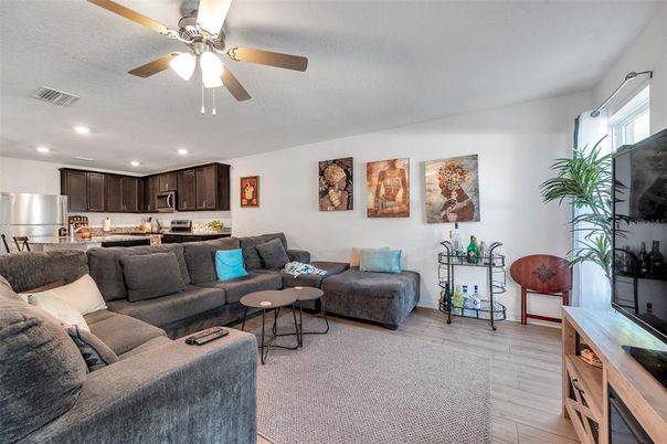 Interior, Kitchen, Living room, Recessed Lighting, Stainless Steel Appliances, Wood Texture Flooring