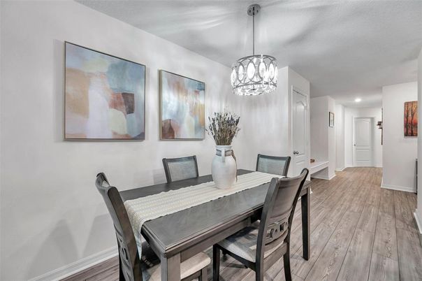 Dining room, Interior, Pendant Lights, Recessed Lighting, Wood Texture Flooring