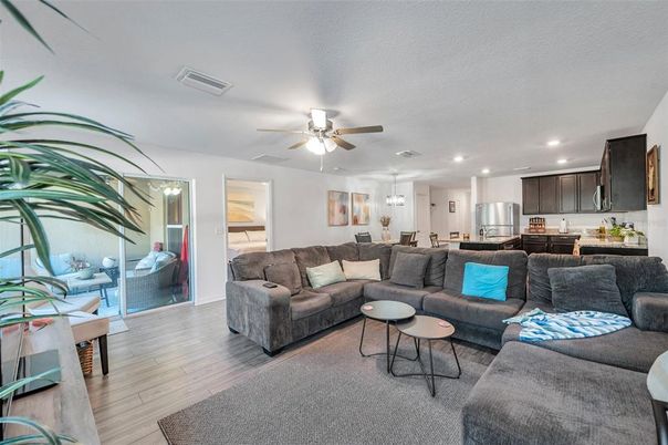 Dining room, Interior, Kitchen, Living room, Pendant Lights, Recessed Lighting, Stainless Steel Appliances, Wood Texture Flooring