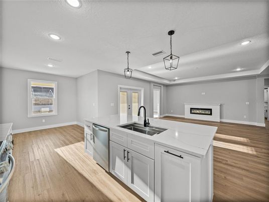Fireplace, Interior, Kitchen, Pendant Lights, Recessed Lighting, Wood Texture Flooring