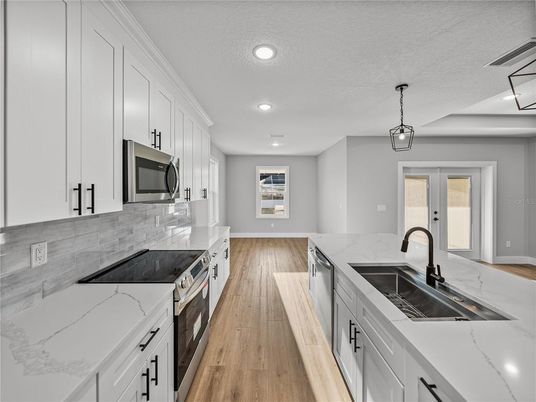 Interior, Kitchen, Pendant Lights, Recessed Lighting, Wood Texture Flooring