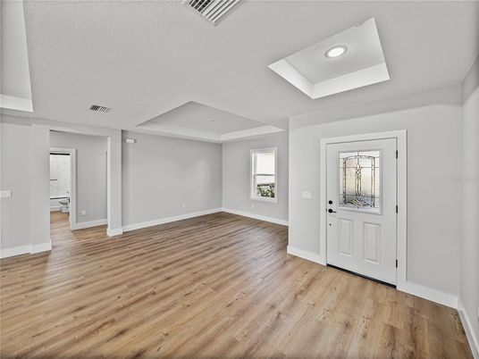 Empty room, Interior, Recessed Lighting, Wood Texture Flooring