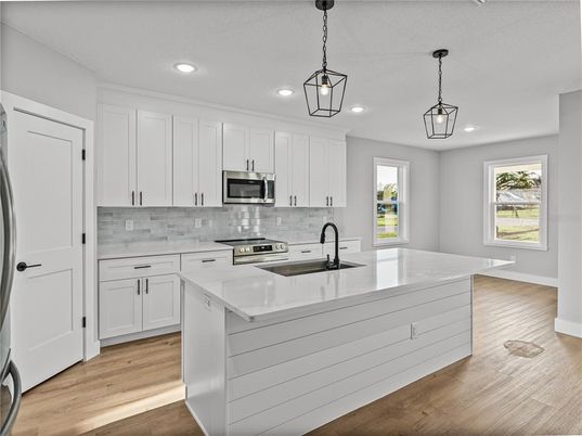 Interior, Kitchen, Pendant Lights, Recessed Lighting, Stainless Steel Appliances, Wood Texture Flooring
