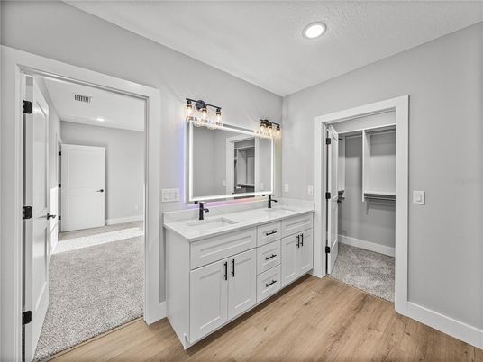 Bathroom, Dual Sink Vanities, Interior, Recessed Lighting, Walk-in Closets, Wood Texture Flooring