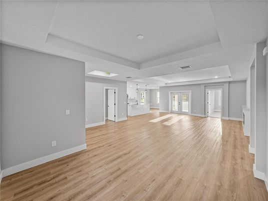 Empty room, Interior, Pendant Lights, Recessed Lighting, Wood Texture Flooring
