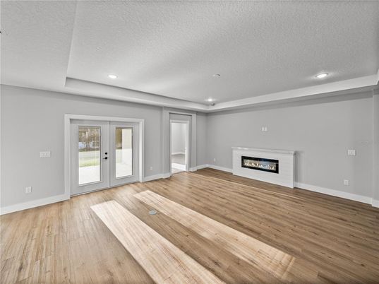Empty room, Fireplace, Interior, Recessed Lighting, Wood Texture Flooring