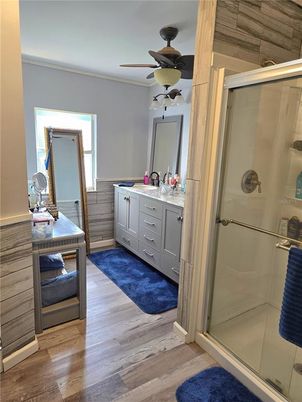 Bathroom, Glass Shower, Interior, Wood Texture Flooring