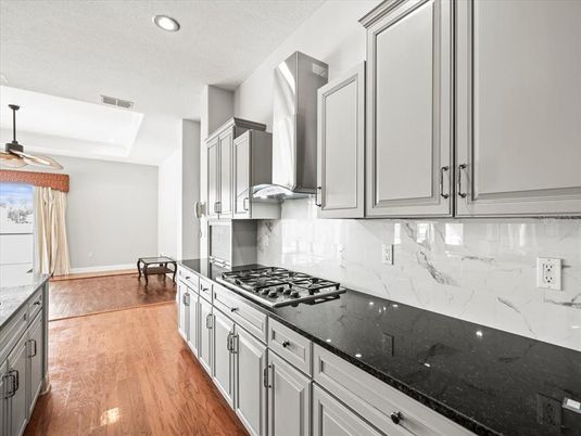 Interior, Kitchen, Marble Walls, Recessed Lighting, Wood Texture Flooring