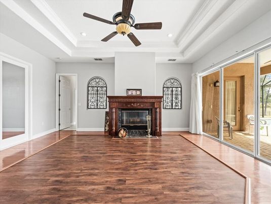 Empty room, Fireplace, Interior, Recessed Lighting, Wood Texture Flooring