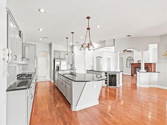 Interior, Kitchen, Pendant Lights, Recessed Lighting, Stainless Steel Appliances, Wood Texture Flooring