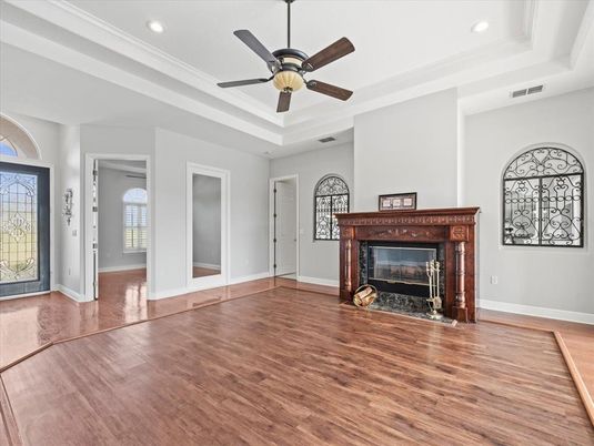 Empty room, Fireplace, Interior, Recessed Lighting, Wood Texture Flooring