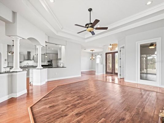 Chandelier, Interior, Kitchen, Pendant Lights, Recessed Lighting, Wood Texture Flooring