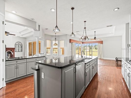 Interior, Kitchen, Pendant Lights, Recessed Lighting, Wood Texture Flooring