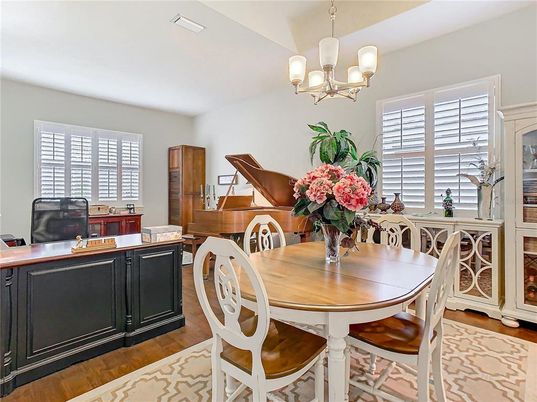 Chandelier, Dining room, Interior, Piano, Wood Texture Flooring