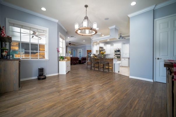 Chandelier, Interior, Kitchen, Pendant Lights, Recessed Lighting, Wood Texture Flooring
