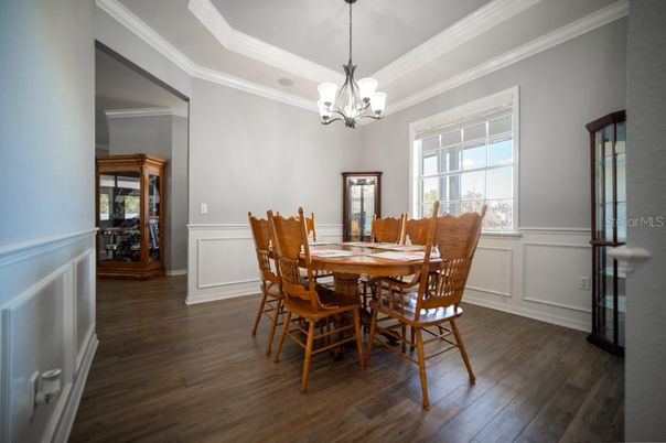 Chandelier, Dining room, Interior, Wood Texture Flooring