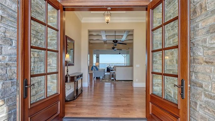 Dining room, Interior, Pendant Lights, Stone Walls, Wood Texture Flooring