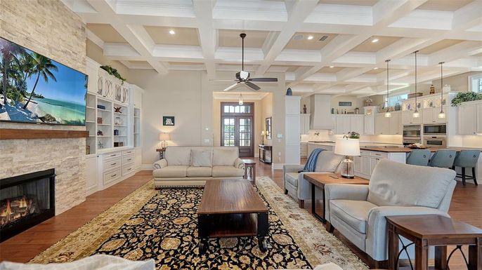 Fireplace, Interior, Kitchen, Living room, Pendant Lights, Recessed Lighting, Wood Texture Flooring