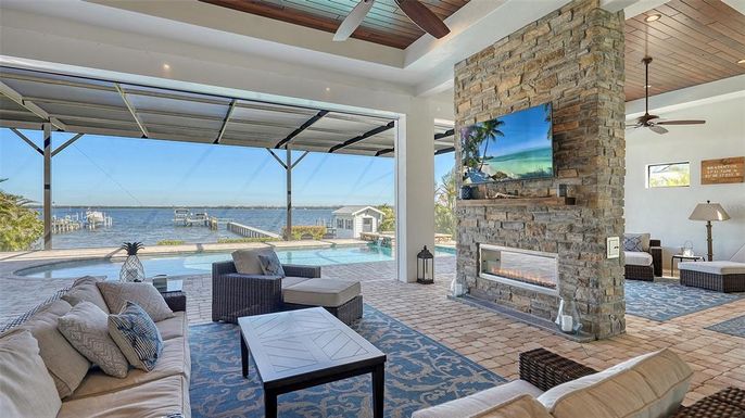 Fireplace, Interior, Living room, Stone Walls, Water, Wooden Ceilings