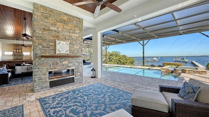 Fireplace, Interior, Pool, Stone Walls, Water