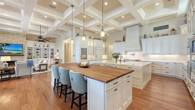 Interior, Kitchen, Living room, Pendant Lights, Recessed Lighting, Stone Walls, Wood Texture Flooring