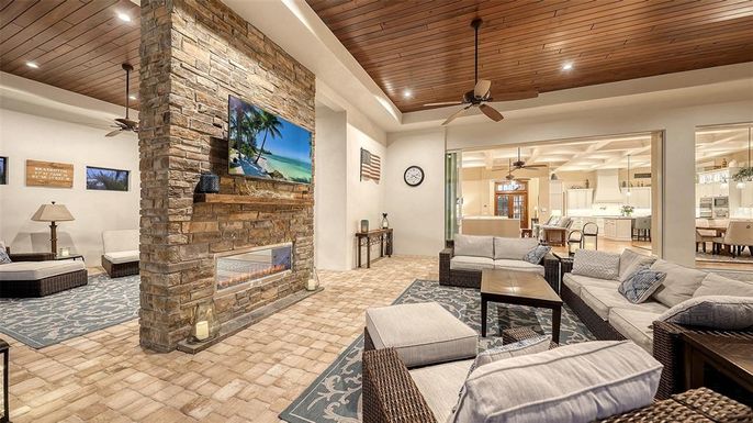 Dining room, Fireplace, Interior, Kitchen, Living room, Pendant Lights, Recessed Lighting, Stone Walls, Wooden Ceilings