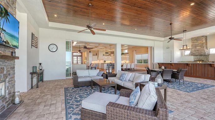 Dining room, Fireplace, Interior, Living room, Pendant Lights, Recessed Lighting, Wooden Ceilings