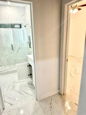 Bathroom, Glass Shower, Interior, Marble, Marble Walls, Recessed Lighting