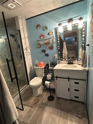 Bathroom, Glass Shower, Interior, Wood Texture Flooring