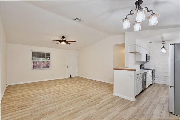 Interior, Kitchen, Pendant Lights, Wood Texture Flooring
