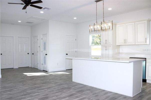 Empty room, Interior, Kitchen, Pendant Lights, Recessed Lighting, Wood Texture Flooring
