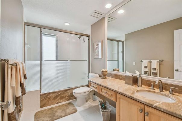 Bathroom, Dual Sink Vanities, Glass Shower, Interior, Recessed Lighting